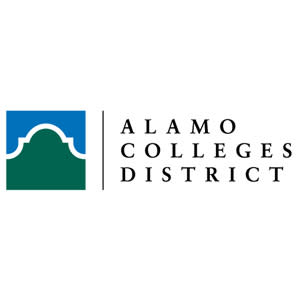 Logo with text next to outline of Alamo facade