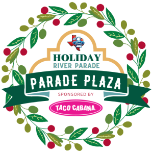 Logo with holly wreath for Ford Holiday River Parade Plaza