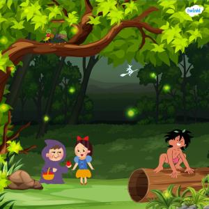 A cartoon showing fairytal characters in a magical woodland setting