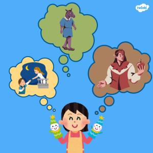 Cartoon of a girl with puppets on each hand a speech bubbles leading to Shakespeare characters