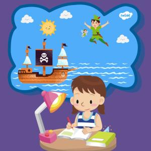 Cartoon of a child writing at a desk with a thought bubble showing a pirate ship at sea and Peter Pan flying above it