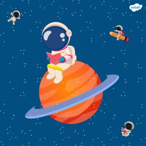 Cartoon of an astronaut reading a book while sitting on top of a planet in space