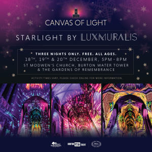 A promotional graphic for the Starlight by Luxmuralis event, showing spectacular projections on the historic features of St Modwen's Church