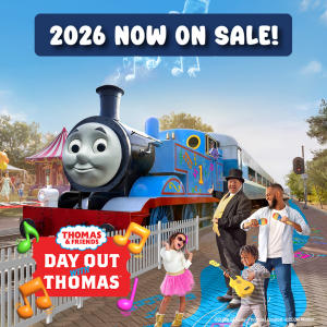 A graphic to promote Day Out With Thomas at Statfold Country Park, Staffordshire, featuring Thomas and Sir Topham Hatt, and a family (a dad and two kids) dancing and playing musical instruments