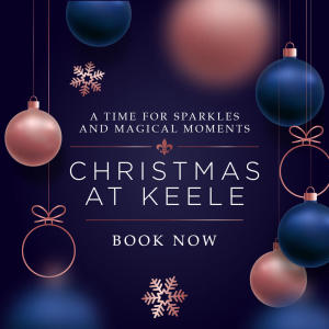 A graphic for Christmas at Keele, promoting Christmas parties at Keele University, Staffordshire