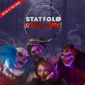 Image shows a collection of scary clowns and other characters, around a terrified-looking visitor