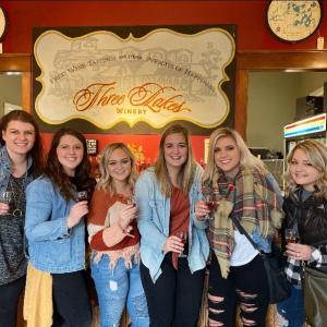 six ladies dressed for fall hold wine samples