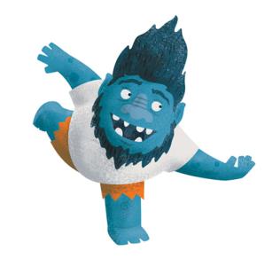 Omar, a blue cartoon troll in orange shorts