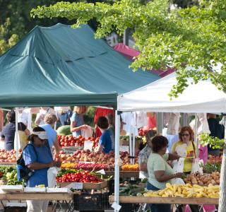 people shopping for fruits and vegetables under tents at a farmers market