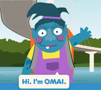 Omai, a blue cartoon troll in pink overalls and a yellow t-shirt