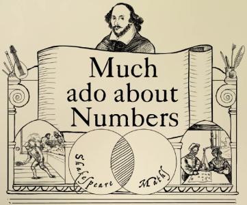 A poster advertising a Much Ado About Numbers event with a drawing of William Shakespeare