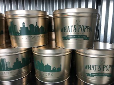 What's Poppin popcorn tins