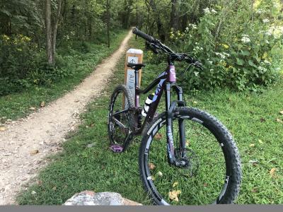 Purple mountain bike leaned against a trail marker that reads "All American"