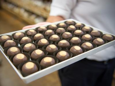 A woman's hand holds a tray of buckeye candies