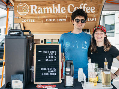 Ramble Coffee owners pose in their mobile set up