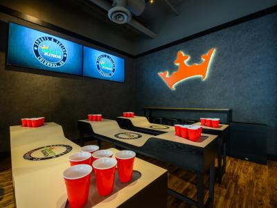 Beer pong game setup at DraftKings Sports & Social