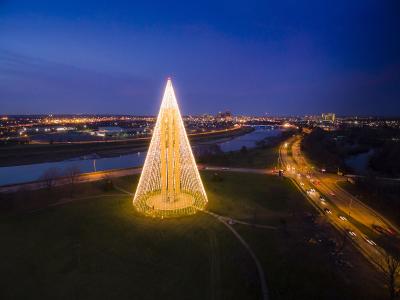 An aerial view of the Carillon Tree of Light at Carillon Historical Park