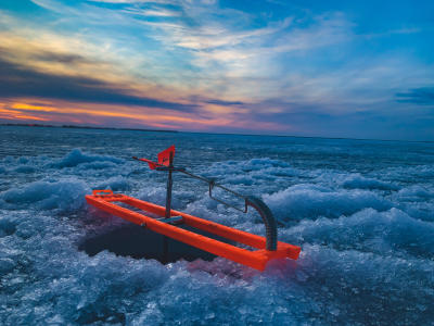 tip-up fishing at sunrise