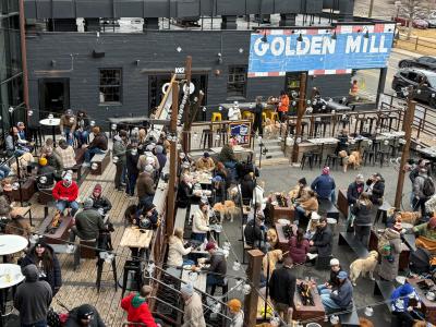 A packed Golden Mill patio during Goldens in Golden 2025 in Golden CO