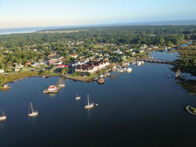 aerial view of manteo waterfront downtown 