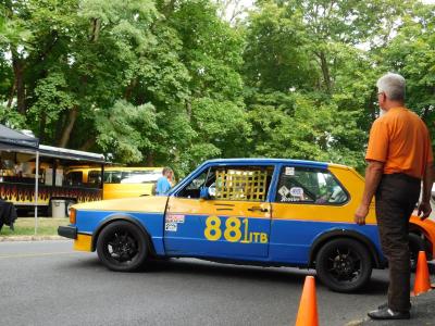 Blue and yellow race car