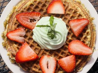 Lemon poppyseed waffle with strawberries & basil-infused whipped cream at Abita Roasting Co. in Covington.