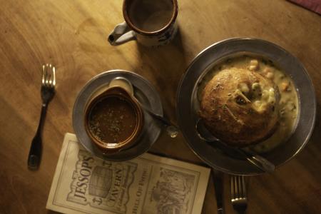 A view from above of a meat pie at Jessop's Tavern.
