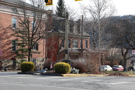 View of the Standing Stone monument in downtown Huntingdon