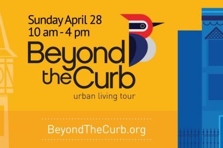 poster image of yellow background with graphic bird and information of beyond the curb urban living tour in covington, ky