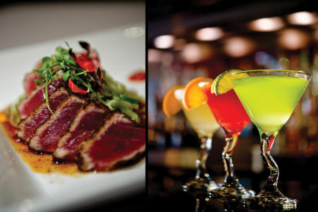 A collage showcasing a meal and drinks from The Left Bank Restaurant & Bar