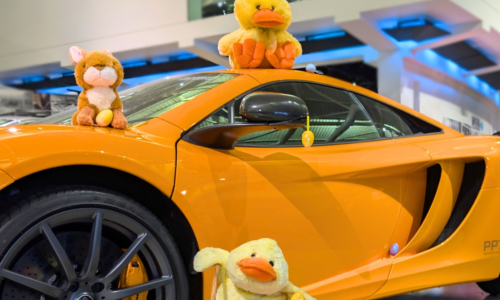 An orange sports car with 3 fluffy easter-themed toys sat on the car