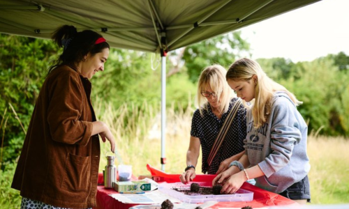 Three women engaging in outdoor craft activities