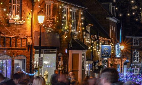 Festive high street at night
