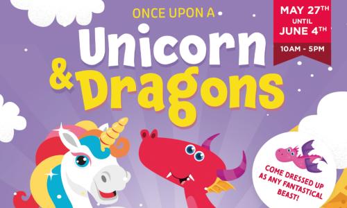 A colourful cartoon poster advertising Once upon a unicorn and dragons at Fairytale Farm