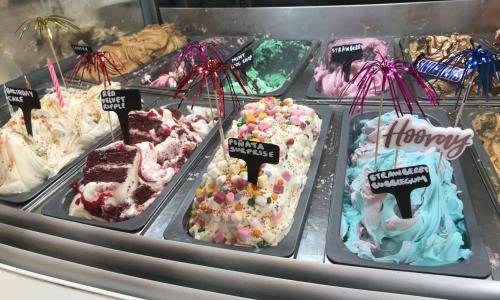 Colourful flavours of gelato on an ice cream counter