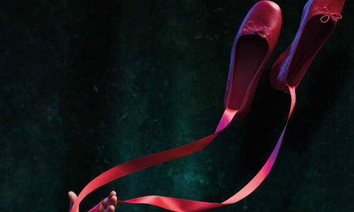 Two red shoes flying in the air