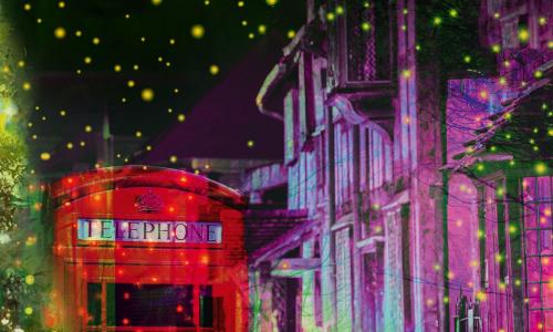 A colourful graphic of a telephone box and sparkling lights outside the Swan Theatre