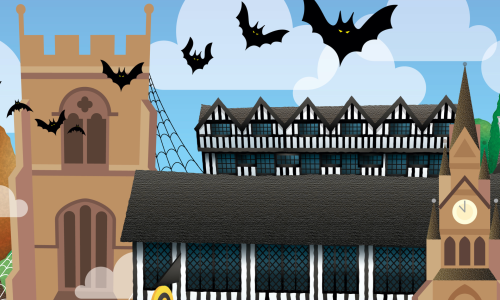 An animated picture of Shakespeare's Schoolroom and Guildhall with bats flying above the building