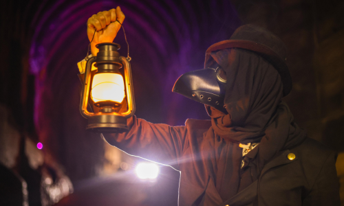 Someone holding a lantern dressed with a top hat and a mask