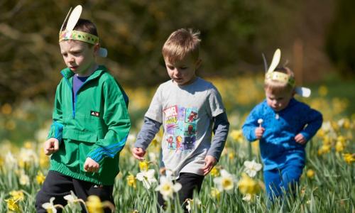 Children wearing easter bunny ears walking through a wildflower meadow on a sunny day at Upton House and Gardens