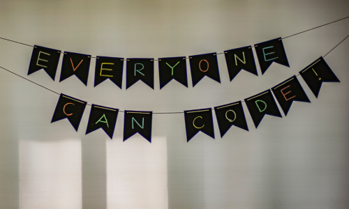 A 'Everyone Can Code!' bunting sign