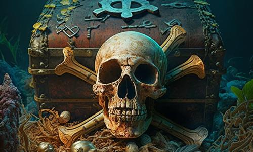 An artist impression of a skull and crossbones under the sea in front of a pirate treasure chest at Magic Alley