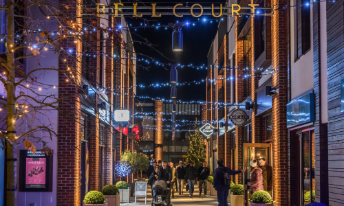 Bell Court lit up with blue festive Christmas Lights