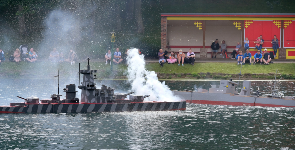 A naval warfare re-enactment boat on the lake at Peasholm Park