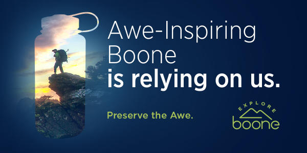 "Awe-inspiring Boone is relying on us. Preserve the Awe." An outline of a reusable water bottle frames a man hiking with a backpack during a stunning sunset.