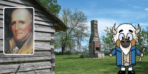 Cartoon Billie the Bison dressed as George Rogers Clark stands near the George Rogers Clark homesite cabin and historic stone chimney in Clarksville, Indiana.