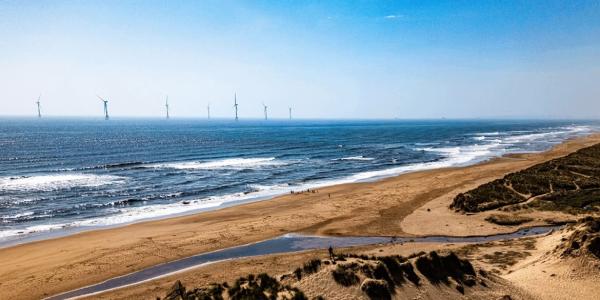 a coastline with wind turbines offshore