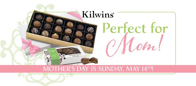 Box of chocolates stating "Kilwins' Perfect for Mom!"