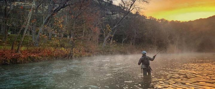 Man Fly Fishing on the Gorgeous Guadalupe River in New Braunfels, Texas