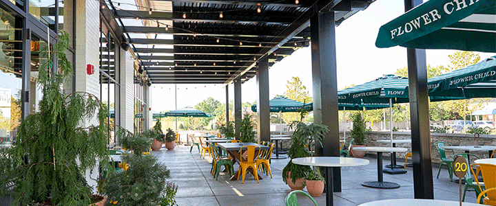 Outdoor dining space at Flower Child Oklahoma City